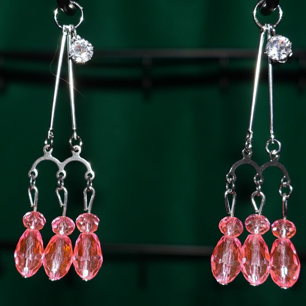 Handmade Clip-On-Drop Earrings Large Pink Teardrop and Small Round Beads - CFH11